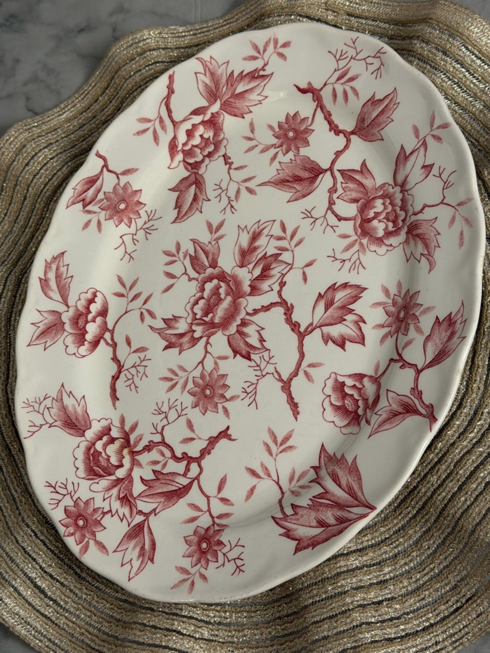 Vintage Pink Red Floral Ironstone Oval Serving Platter 12.5” Cottagecore Chic